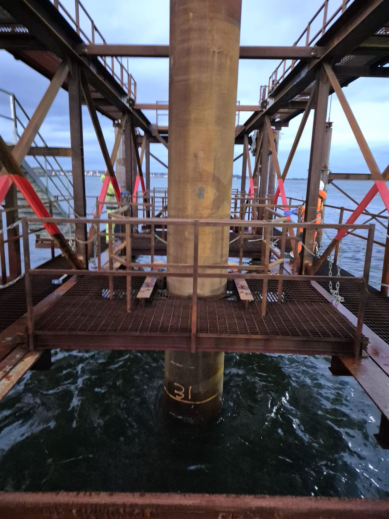 Steel structure built out over water